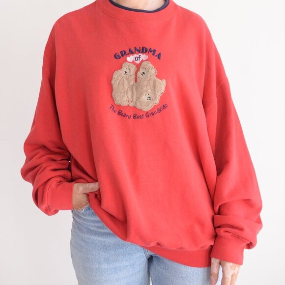 Vintage M&C Sportswear Red Grandma Teddy Bear Crewneck Sweater XL - Picture 1 of 10